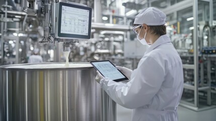 Worker Monitoring Milk Production in Modern Factory