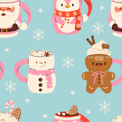 Seamless Christmas Pattern with various Mugs with cacao, whipped cream, marshmallow, gingerbread and candy cane. Seasonal flavored products, cards for New Year or winter holidays.