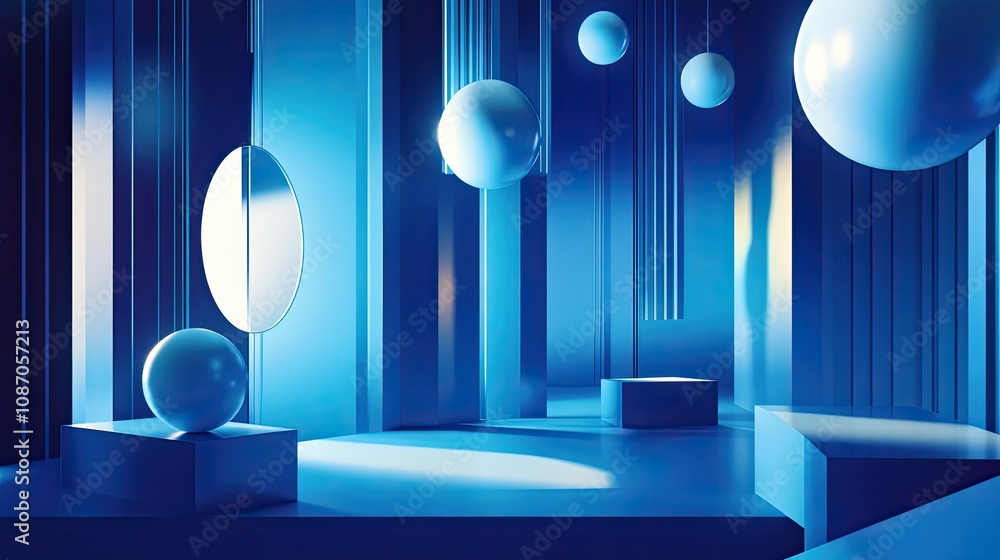 Poster abstract blue 3d rendering with geometric shapes and lighting.