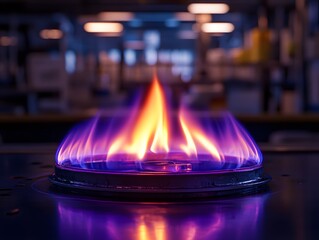 A close-up of a gas burner flame, showcasing vibrant blue and orange flames in a kitchen setting.
