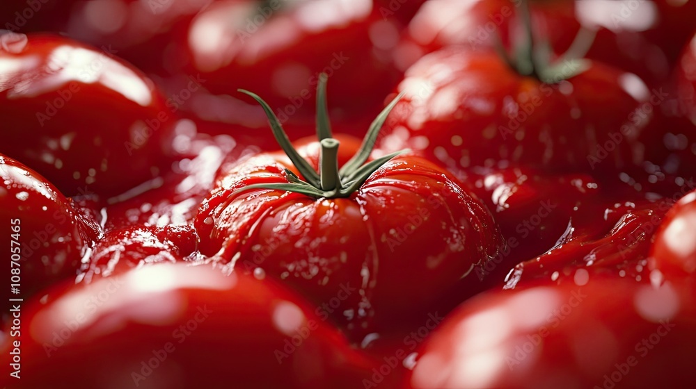 Poster close-up of ripe red tomatoes submerged in their own juice.