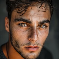 Obraz premium Young man with a strong jawline and intense eyes, looking straight into the camera, photo for a profile picture.