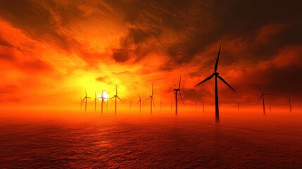Obraz premium Spectacular Sunset Over Sea with Silhouetted Wind Turbines Against Dramatic Cloudscape and Vibrant Sky Highlighting Renewable Energy and Nature's Beauty