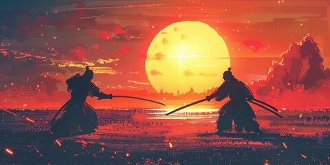 Samurai duel at sunset, comic art style, 4K illustration