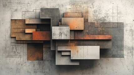 Abstract geometric shapes, concrete texture, rusty metal, 3D rendering.