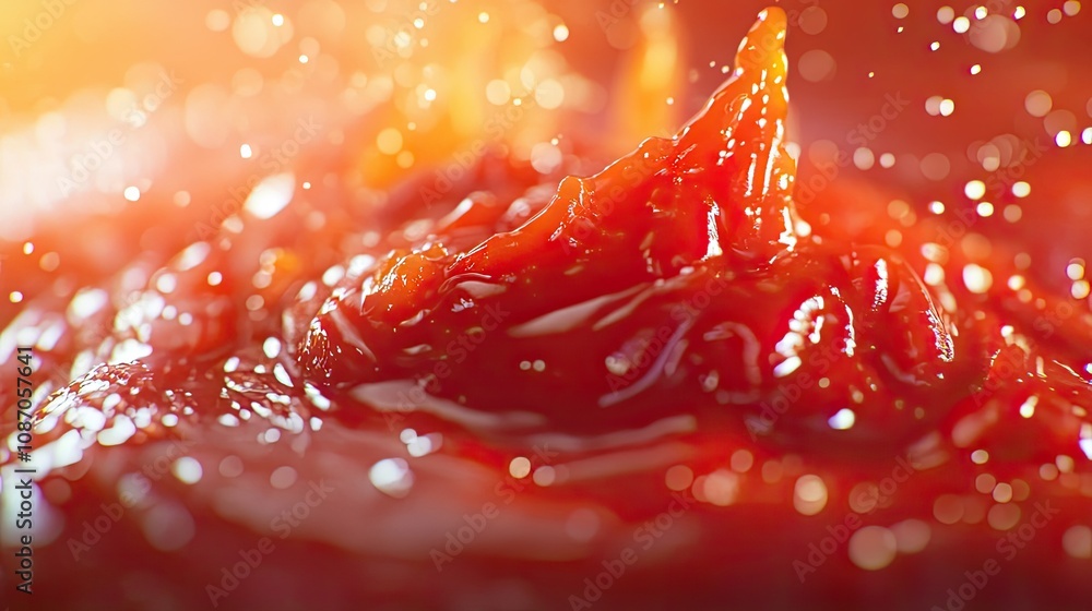 Poster close-up of red sauce splashing, creating a dynamic texture with droplets and highlights.