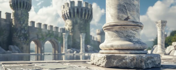 Empty short marble pedestal against a medieval castle. 4K close-up illustration.