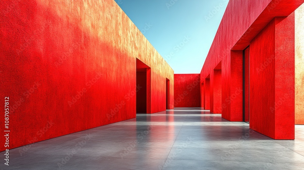 Poster vibrant red architecture with smooth surfaces and open spaces.
