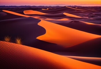 stunning sunset illuminating majestic sand dunes tantalizing hues purple across vast desert landscape, sky, horizon, nature, scenery, beauty, light, orange
