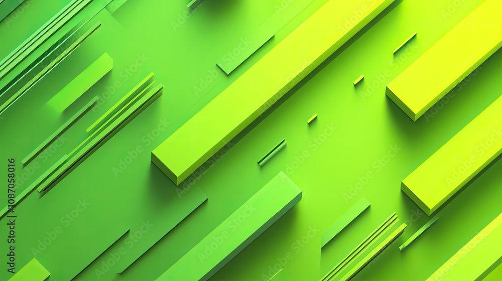 Poster abstract green and yellow 3d geometric background with diagonal lines and rectangles.