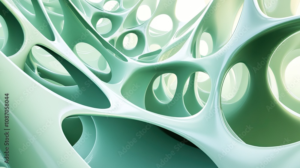 Poster abstract 3d rendering of a complex, interconnected, organic, flowing, green structure with various s
