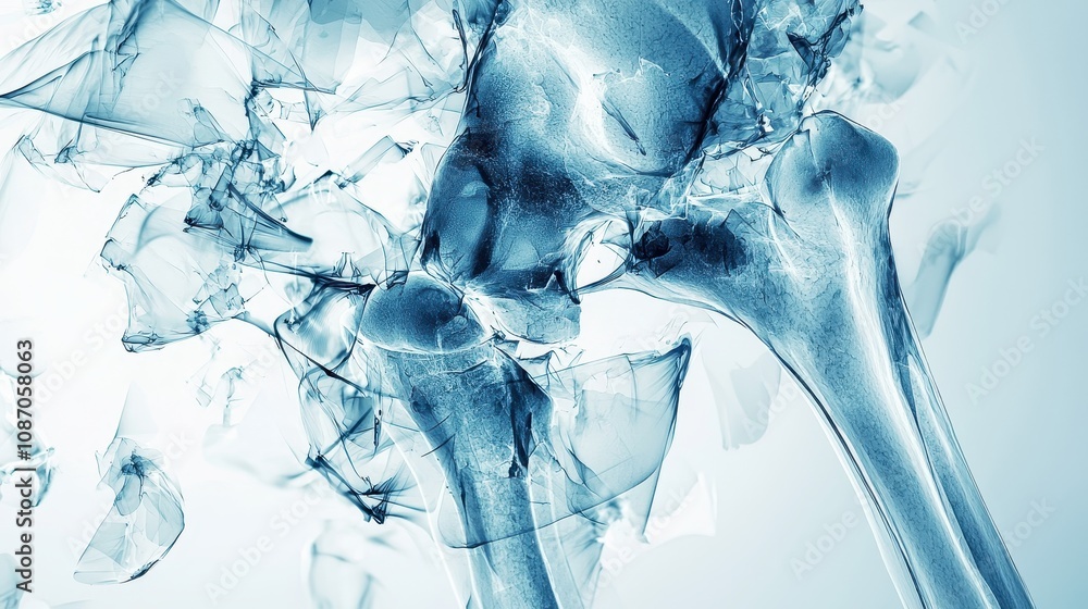 Poster artistic abstract representation of human hip joint with dynamic flowing structures in blue tones fo
