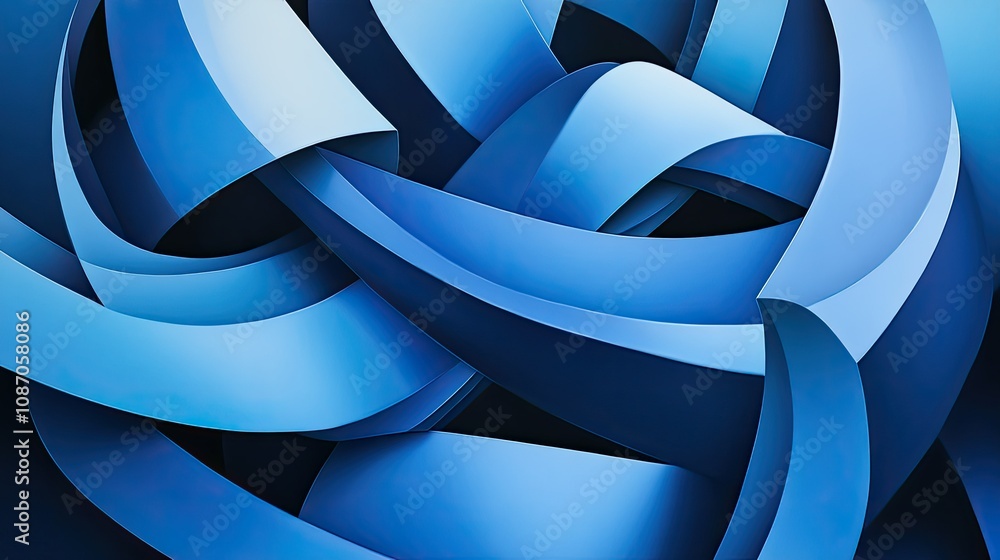 Poster abstract blue ribbons intricately woven, creating a dynamic and complex pattern.