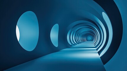 Abstract blue futuristic tunnel with oval windows.