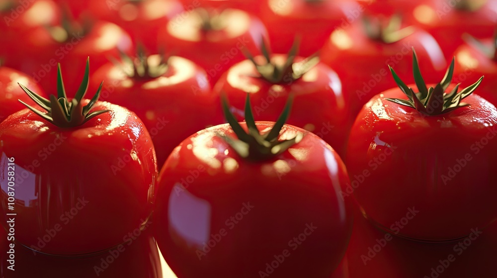 Poster close-up of glossy red tomatoes arranged on a reflective surface.