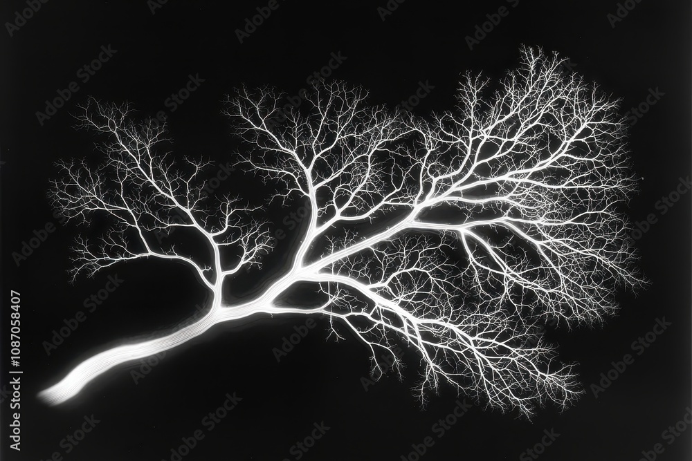 Poster intricate branching patterns of a tree with delicate white lines against a black background, symboli