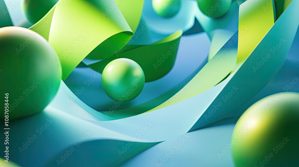 Poster abstract 3d render of green spheres and flowing teal and lime paper.