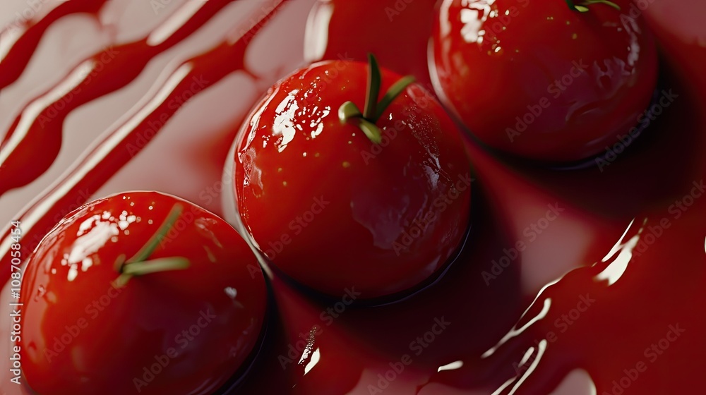 Poster three glossy red tomatoes submerged in a pool of red liquid, creating a dramatic, high-contrast imag