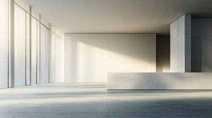 Fototapeta premium Minimalist modern empty office interior with large windows and sunlight.