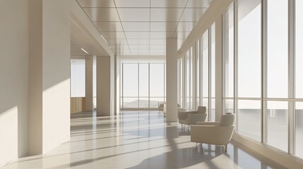 Fototapeta premium Sunlit modern office hallway with panoramic windows and beige armchairs.