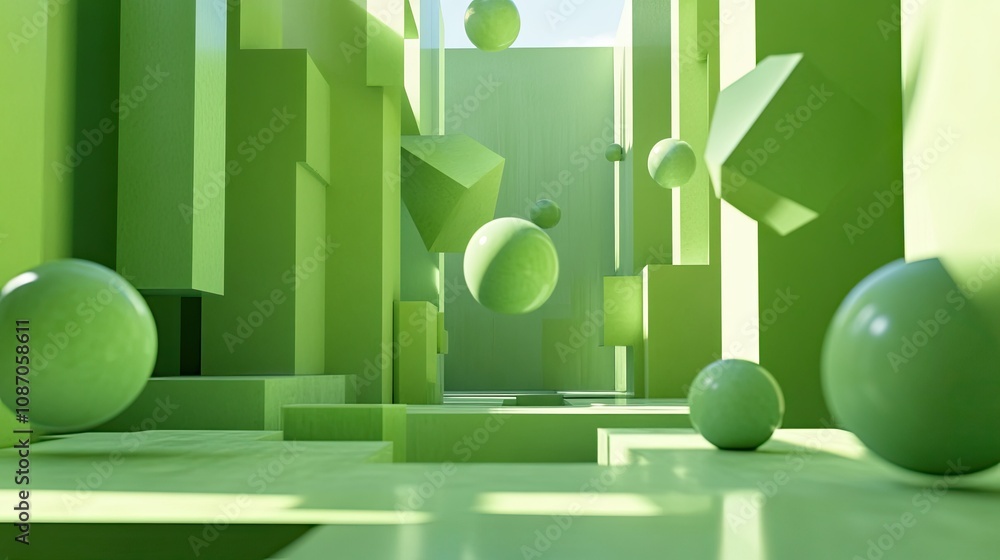 Poster abstract green geometric shapes and spheres floating in a 3d space.