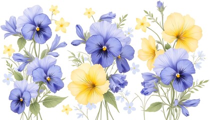 Obraz premium Watercolor pansy flowers in yellow and blue tones.