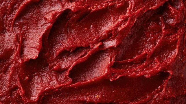 Close-up texture of vibrant red tomato paste, showing its smooth, thick consistency and rich color.
