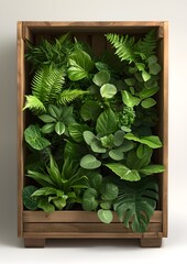 Vibrant and thriving plant life overflowing from a weathered wooden crate arranged in a natural minimalist display against a pristine white backdrop