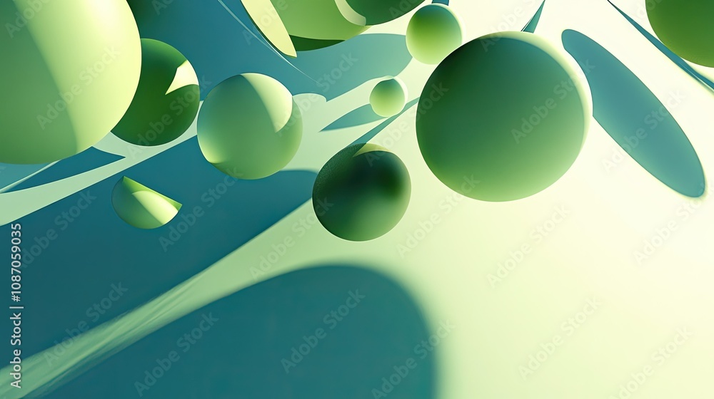 Poster abstract 3d render of floating green spheres and shapes with light and shadow effects.