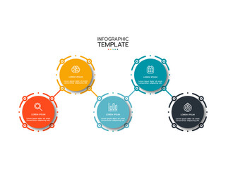 Modern infographics template. Timeline process with 5 steps, options, and circle design. Vector illustration.