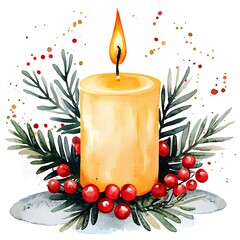 Festive Watercolor Christmas Candle with Holly Berries and Pine Branches