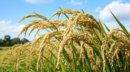 Golden Rice Crops in a Field Under a Bright Blue Sky with Fluffy Clouds, Showcasing the Beauty and Abundance of Agricultural Harvests in Sunny Weather