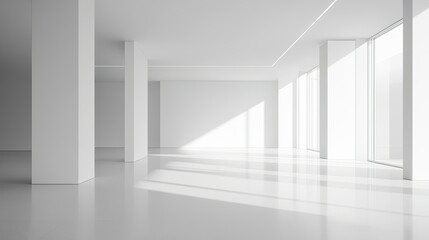 Fototapeta premium Sunlit minimalist white room interior with columns and large windows.