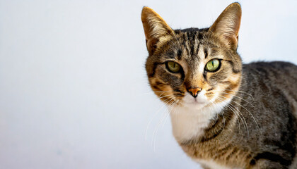 Cute tabby cat looking directly at the camera.  Domestic pet portrait.