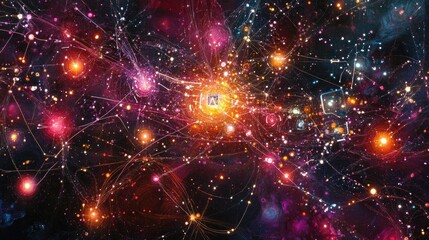 Obraz premium Vibrant cosmic nebula with glowing stars and interconnected energy streams.