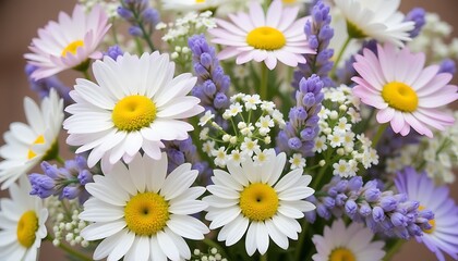 Fototapeta premium Daisy and lavender bouquet with soft pastel hues.