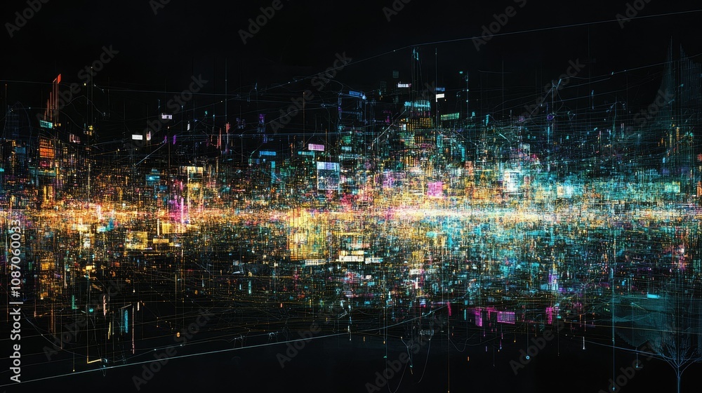 Poster abstract digital city landscape with glowing nodes and connections, representing data flow and netwo