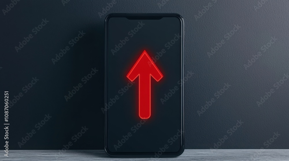 Poster seo ranking mobile concept. a smartphone displaying a prominent red upward arrow on a dark backgroun