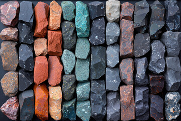 Vertical rows of blue, orange and black stones form a vertical wall. Decorative and beautiful.