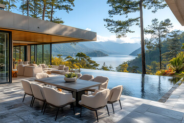 Fototapeta premium Editorial photography of a modern outdoor dining table on a black wood terrace overlooking a varas lake and pine trees.