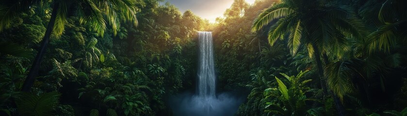 Fototapeta premium Stunning lush tropical waterfall cascading abundantly through vibrant greenery in a serene paradise.