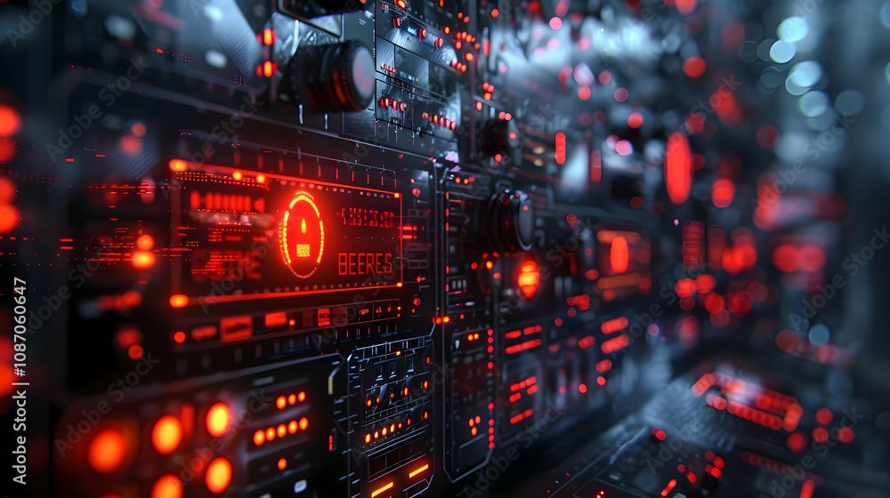 Poster futuristic red digital interface displays data in 3d space with glowing lights