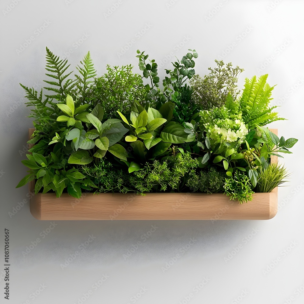 Poster lush and diverse array of verdant plants overflowing from an organic wooden planter showcasing intri