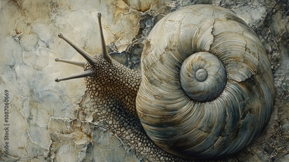 Poster close-up of a large snail on a textured surface.