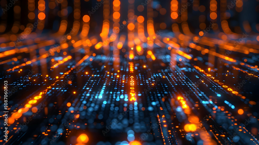 Poster abstract 3d digital data stream background with glowing blue and orange particles