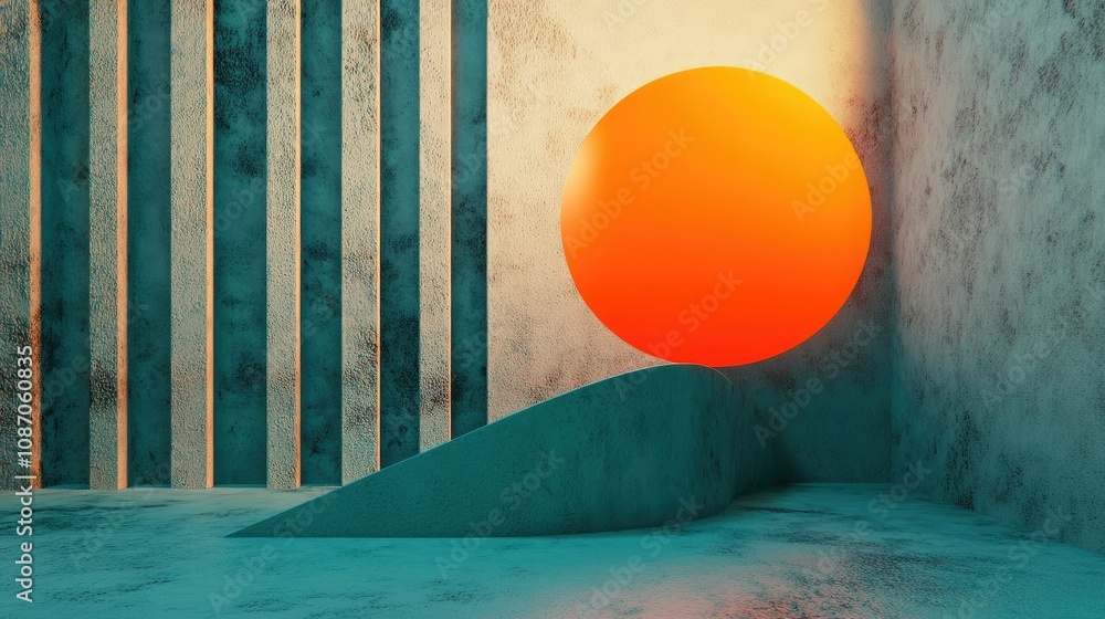 Poster abstract 3d rendering of a teal room with an orange sphere and geometric shapes.