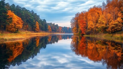 Autumn Landscape with Colorful Trees and Reflections on a Calm Lake