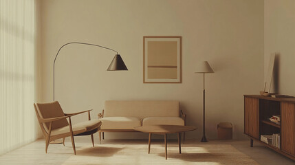 Fototapeta premium Minimalist Living Room Interior Design with Mid-Century Modern Furniture