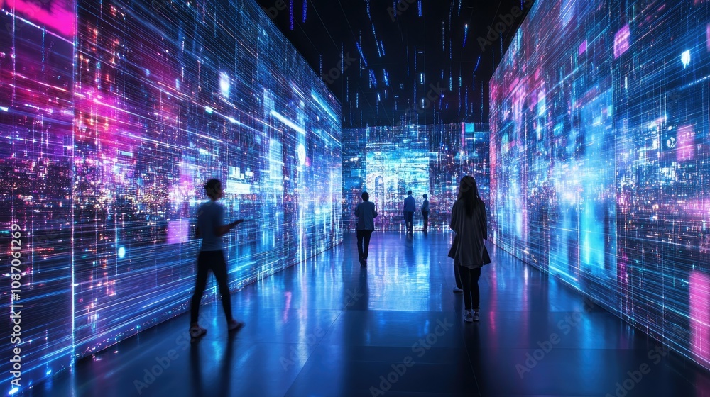 Poster people exploring a futuristic digital corridor with vibrant data streams and glowing interfaces.