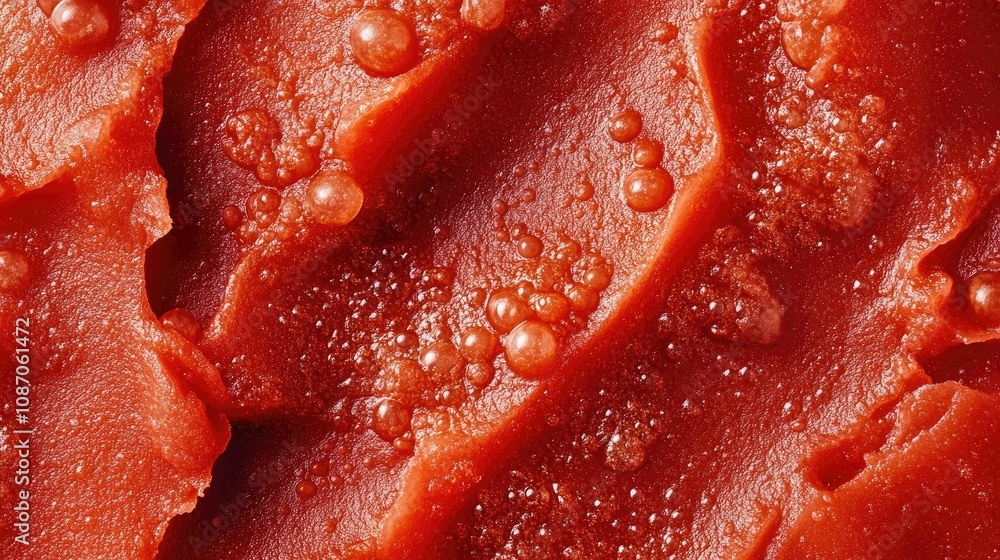 Poster close-up texture of red tomato paste with visible air bubbles.